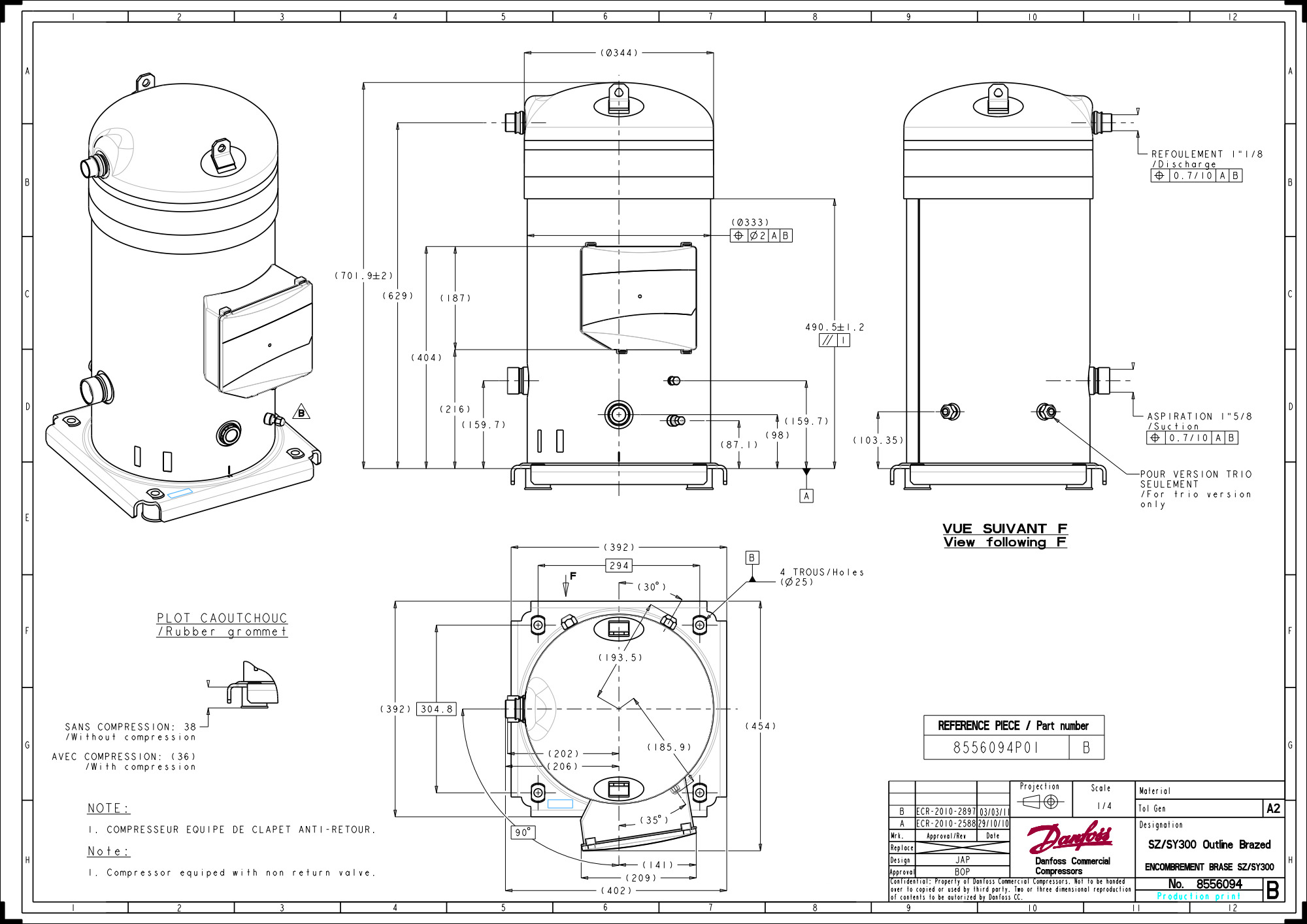 Danfoss Comp SY300A4PB 3ph R134a,R407c R/Lock